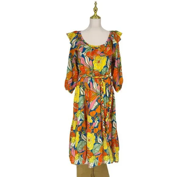 J. Crew Belted Dress Large Floral Tropical Ruffle Neck Midi Balloon Sleeve Retro - Picture 2 of 13